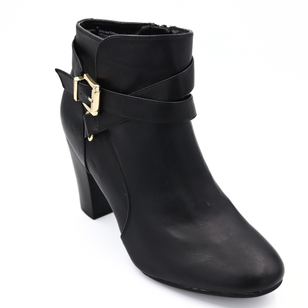 Merona Kailey Ankle Boots Women 8.5 Black Buckle Strap Block Heel Dressy Office
